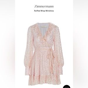Zimmermann Pink Ruffle Gold Polka Dot Wrap Mini Dress